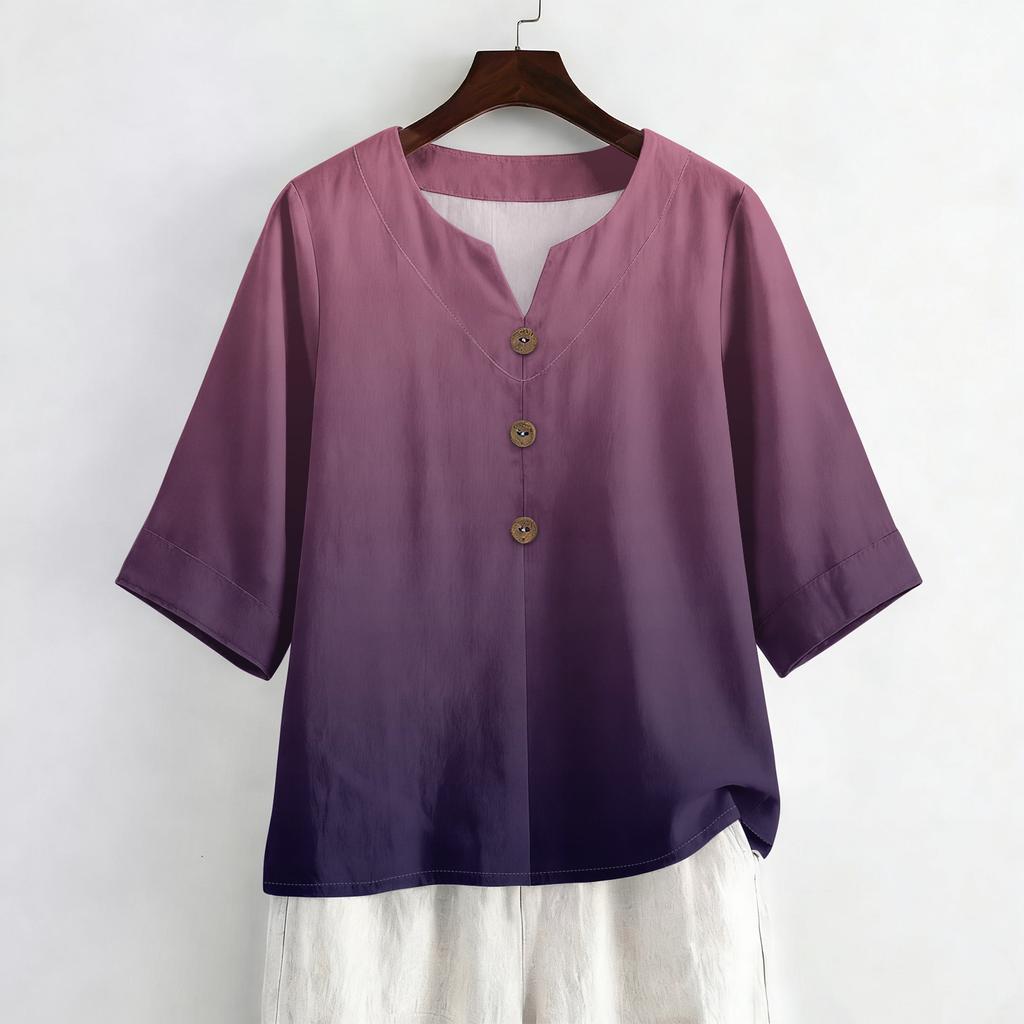 Women's Summer Fashion V-Neck 3/4 Sleeve Shirt Casual Loose-Fit Gradient Print Top