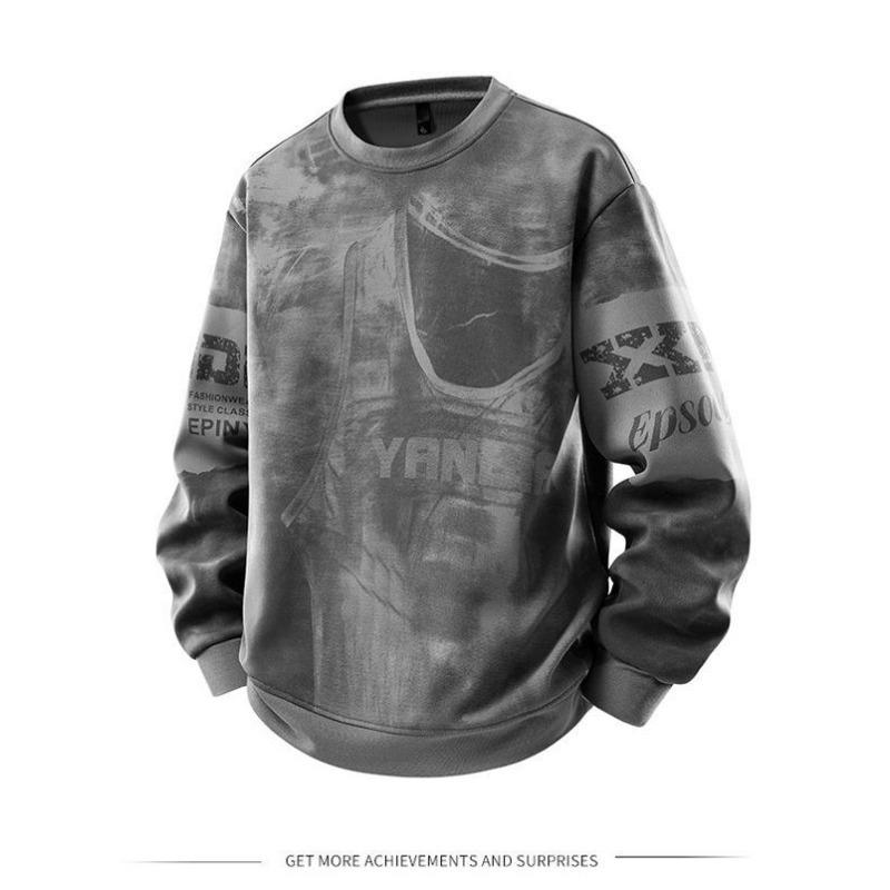 Trendy Large Size Loose Printed Sweatshirt Men Long Sleeves Ribbed New Round Neck Youth Tops Trend