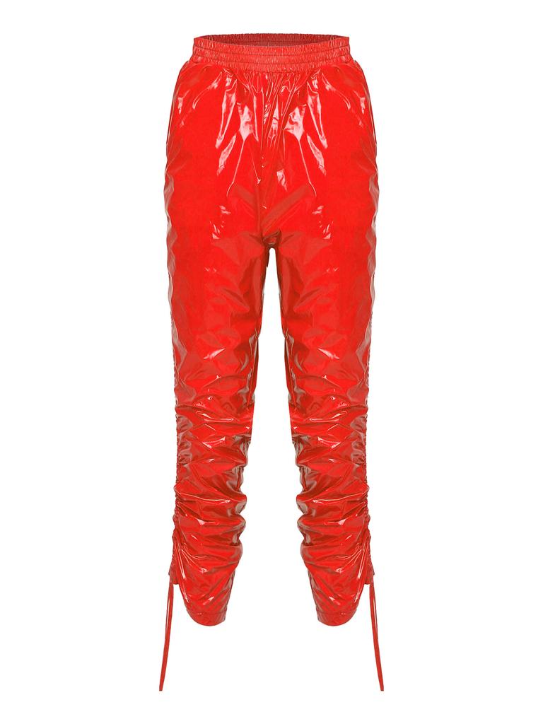 Completo Crop Top Lucido Impermeabile e Pantaloni Capri da Donna Manica Corta Vita Elastica Coulisse sui Lati delle Gambe per Allenamento Festa