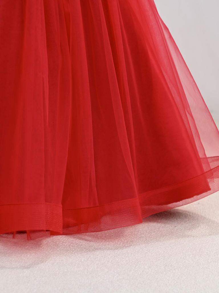 Europäisches & Amerikanisches Mädchen Mesh Puffrock Langes Prinzessinnenkleid - Formelle Blumenmädchen Abendgarderobe