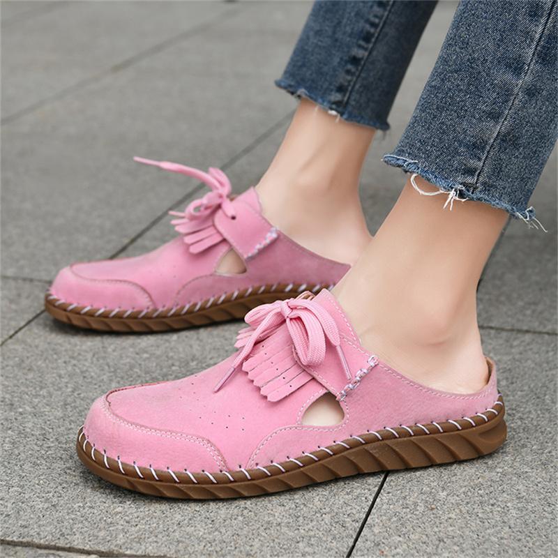 Pink Suede Woman Mules Shoes Big Size 43 Tassel Fashion Women's Shoes Quality Handmade Ladies Flats Summer Half Shoes For Women