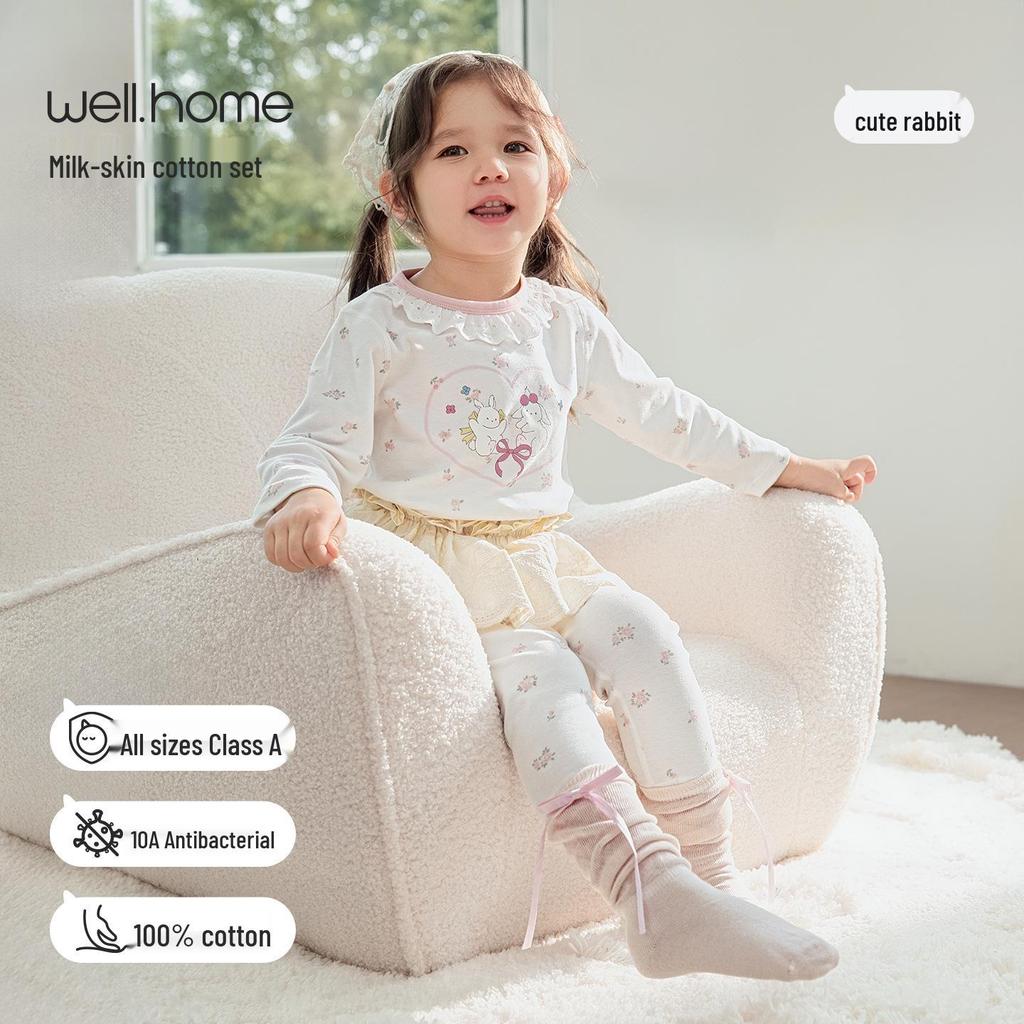 Weibeilu Girls' Cotton Long Sleeve & Pants Set - Spring/Autumn Two-Piece Base Layer.
