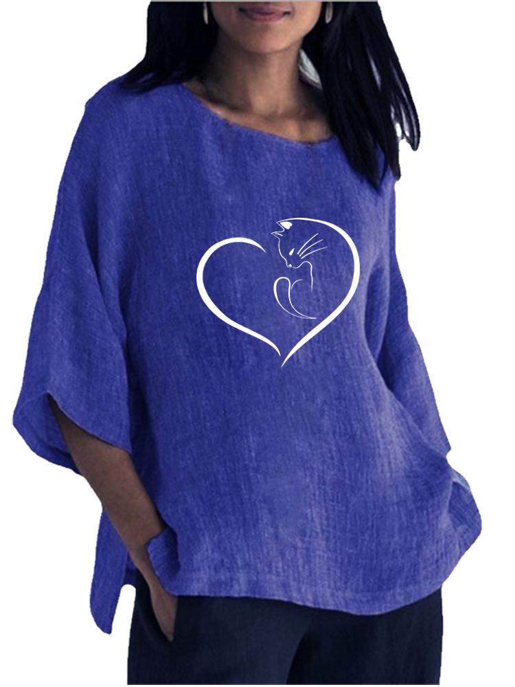 

Women Fashion Round Collar Print Shirt Spring&summer 3/4 Long Sleeve Top Ladies Cotton Linen Blouse S