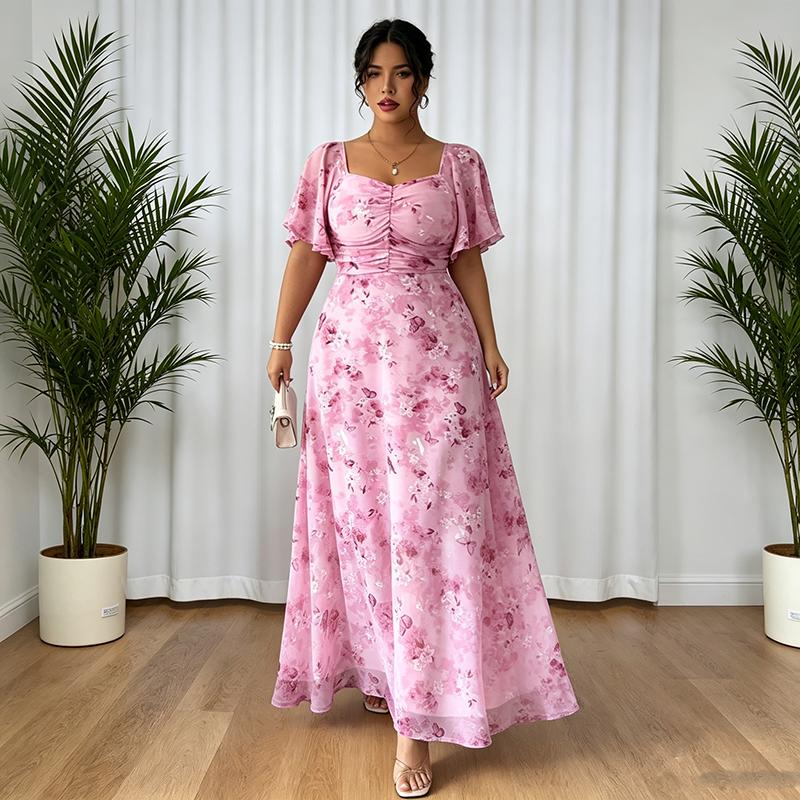 Women Plus Size Butterfly Floral Maxi Dress Square Neck Ruched Bust Boho Wedding Guest