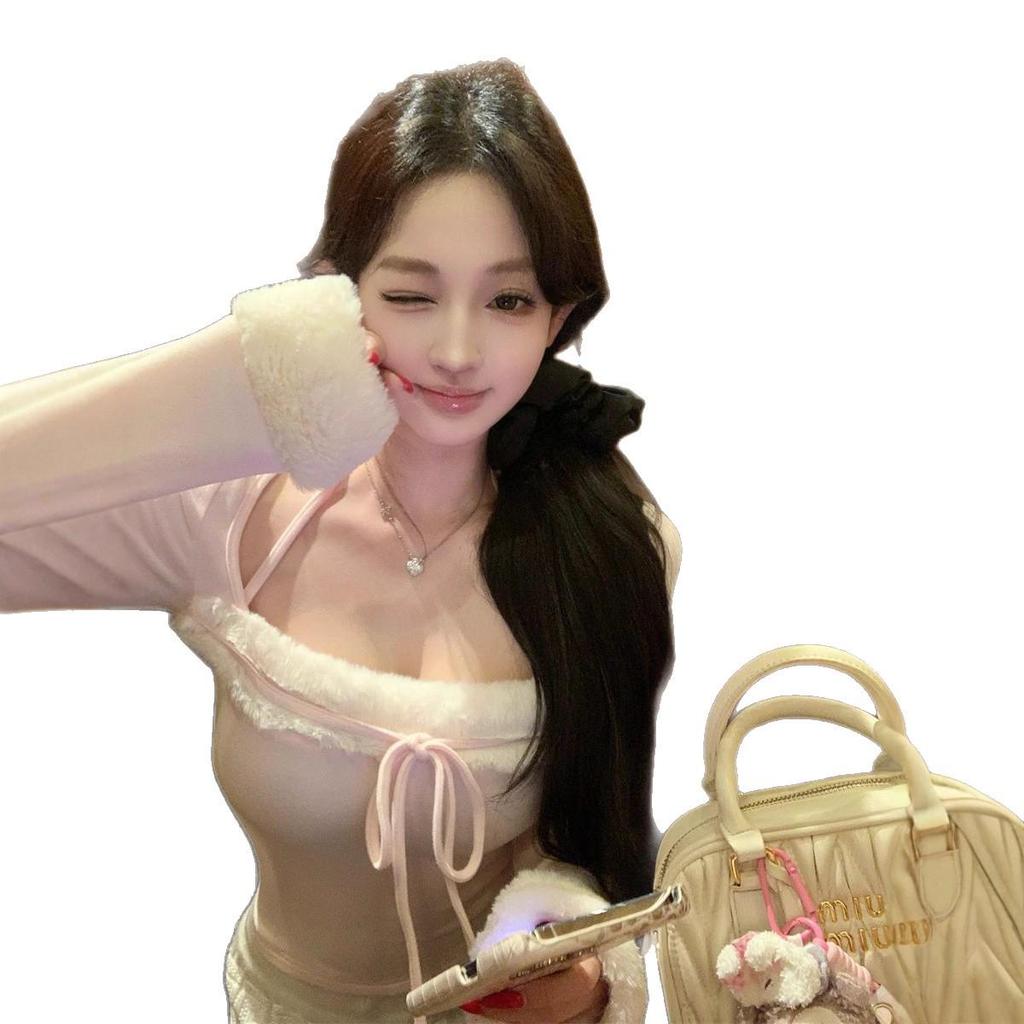 Pure Desire Patchwork Square Neck Halter Long Sleeve Slimming Women's Top - Autumn/Winter.