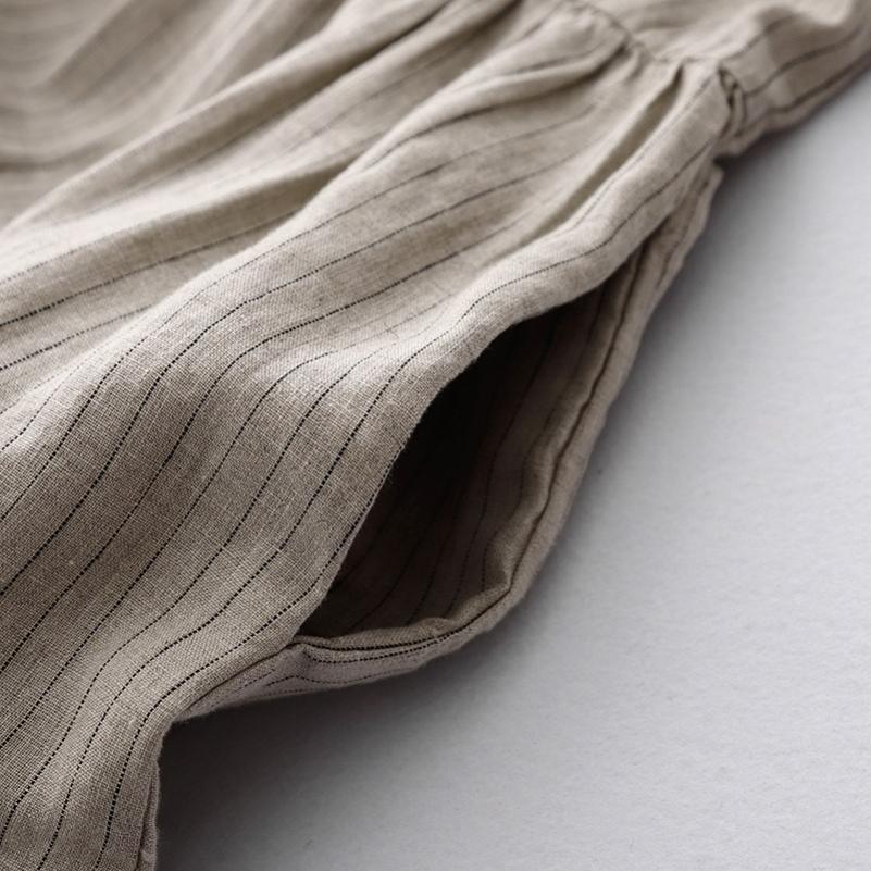 Baumwolle und Leinen Elegant Gestreift Locker Große Größe Damen Handarbeit Plissiert Literarischer Sinn Beige Weste Kleid