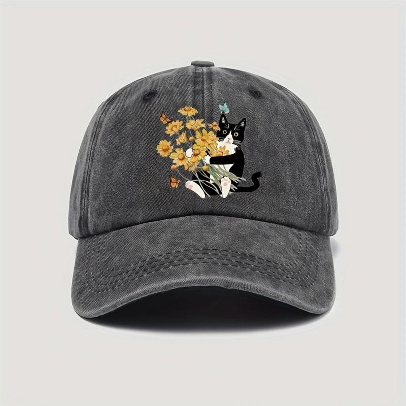Cute Cat With Yellow Flowers Baseball Cap Distressed Denim Casual Adjustable Washed Cap