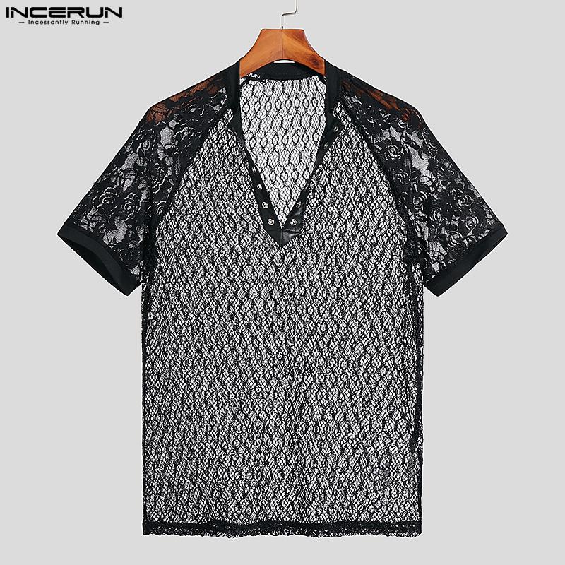 

INCERUN Летние мужские прозрачные кружевные сетчатые футболки приталенного кроя