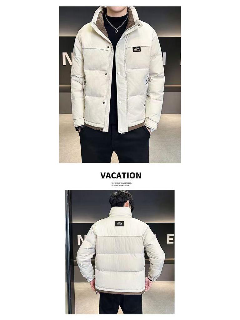 Echte Herren-Winter-Daunenjacke mit Stehkragen, schmaler Passform – Dicke, kurze Oberbekleidung
