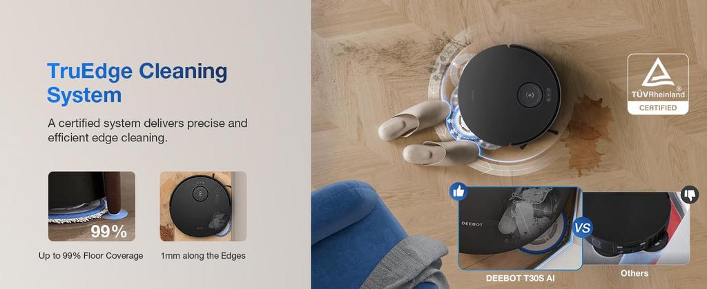 ECOVACS Deebot T30S Pro Robot Vacuum Cleaner with Wiping Function, 11,000 Pa, ZeroTangle Technology, 70°C Hot Water Wiping When Washing