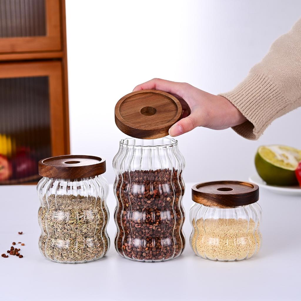 Capac de lemn Organizator de arome Borcan de sticlă etanș Sticle de depozitare pentru bucătărie Borcan Recipient alimentar sigilat Borcane pentru ghimbir și cereale
