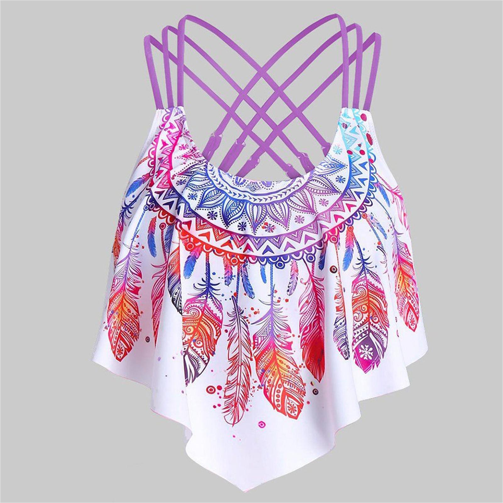 

Women s Feather Print Cross Strap Tankini Top with Flowy Hem and Adjustable Back Straps for Swimwear and Beachwear XXL фіолетовий
