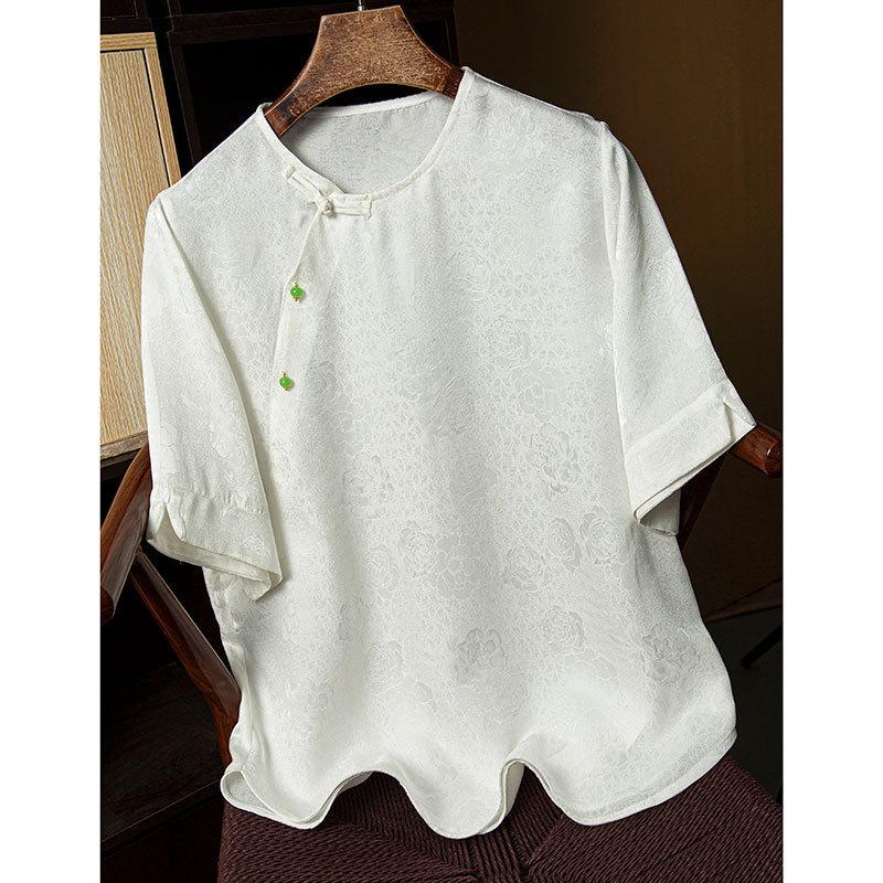 

Silk Jacquard Floral Luo Chinese Style Round Neck Slimming Top L