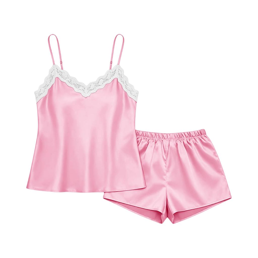 Women Satin Sleepwear Lace Trim Cami Top and Shorts Pajama Set Adjustable Strap Loungewear Two Piece Nightwear Set