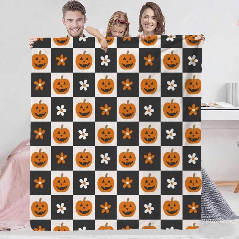 Thanksgiving Flannel Blanket - Maple Leaf & Pumpkin Design Throw for Sofa Decoration