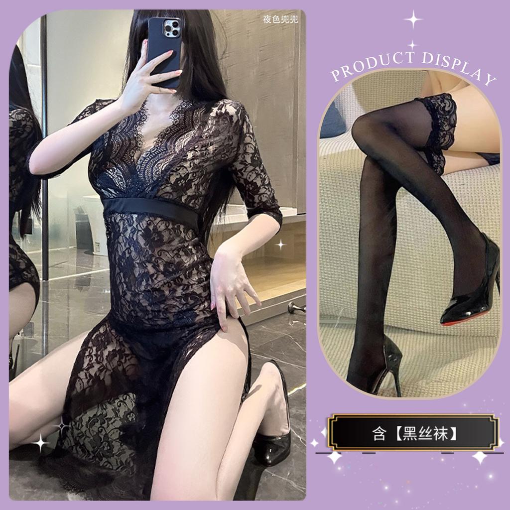 Sex Underwear Large Size Sexy Lace Pajamas Passion Perspective Hot Split Uniform Seduction Set