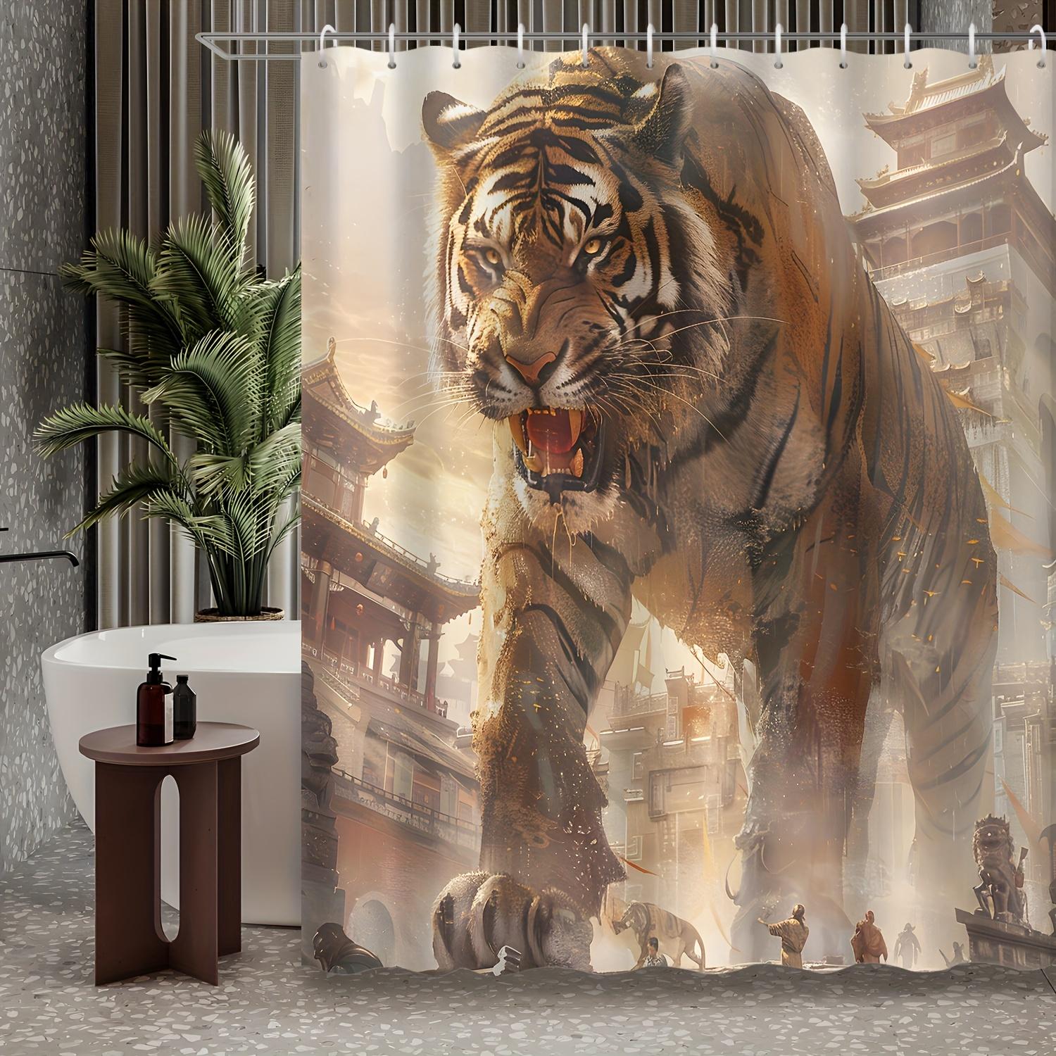 1pc Creative Illustration of a Fierce And Tall Tiger Ancient Architecture Game Scene Shower Curtain, Including 12 Hooks Shower 90x180cm35x71in