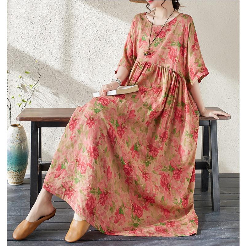 Dimanaf Women Dress Summer Plus Size Beach Sundress Linen Bohemian Print Flowers Fashion Lady Vestidos Loose Casual Long Dress Oversize 9079