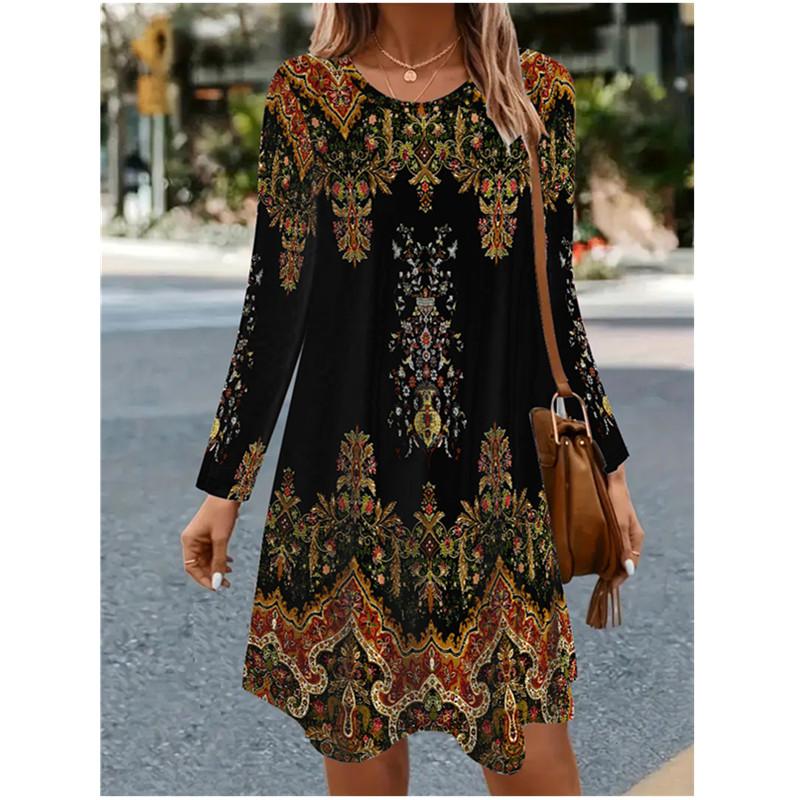 Women Long Sleeve O-Neck Casual Loose A-Line Dress Autumn 3D Floral Printed Dress Vintage Elegant Lady Dress Vestidos De Muj