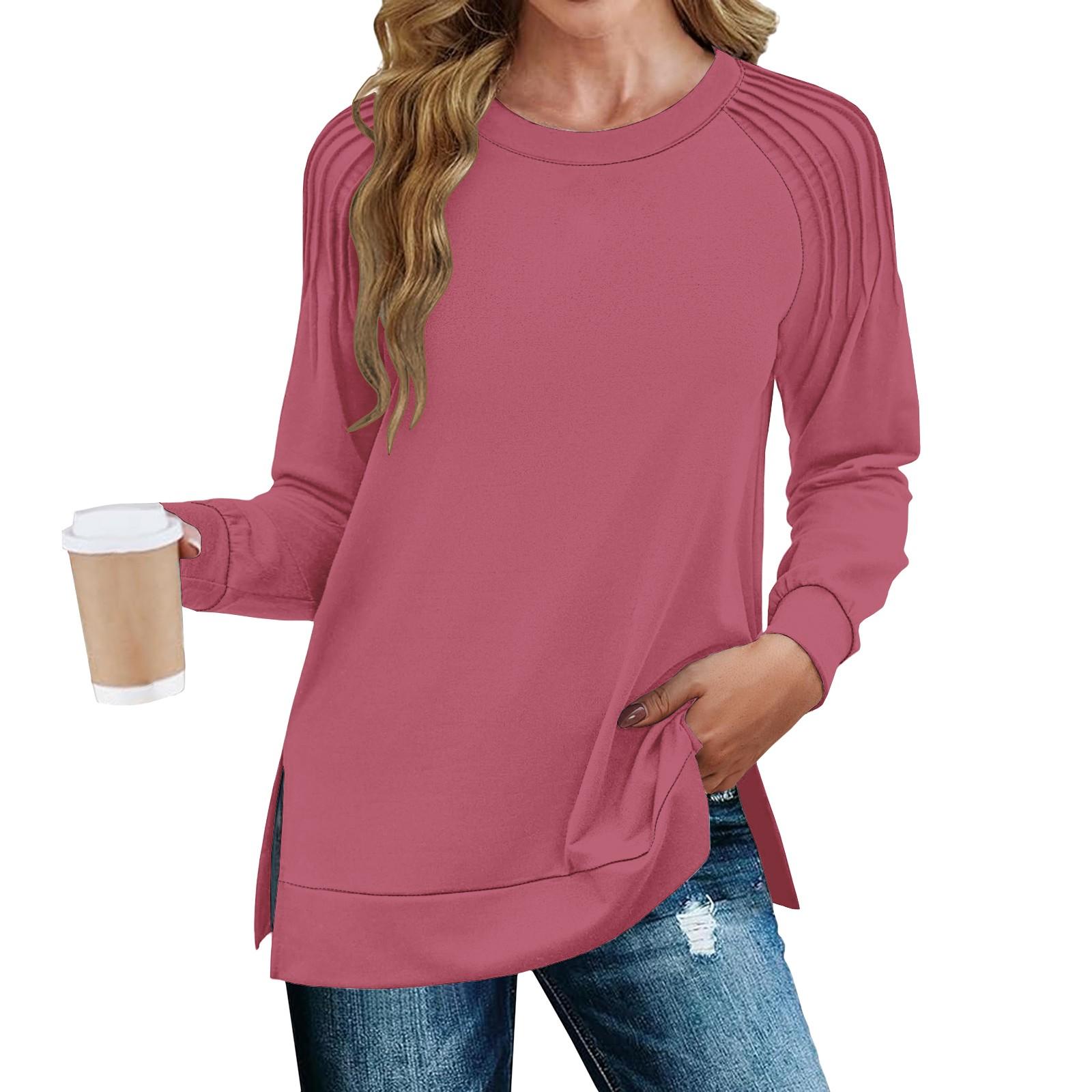 

Женская мода повседневная однотонная плиссированная кромка с разрезом свободного кроя осенняя толстовка с длинным рукавом XL