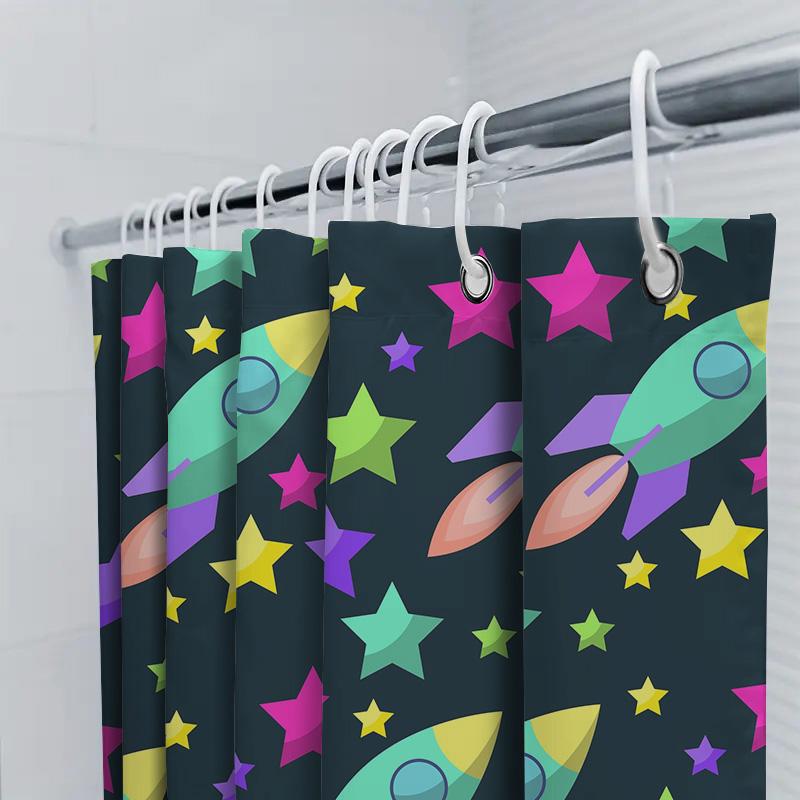 Brightly Colored Rocket Ships Shower Curtain For Kids Bathrooms Waterproof Fabric Print Decorative Bathroom Accessories Set Incl