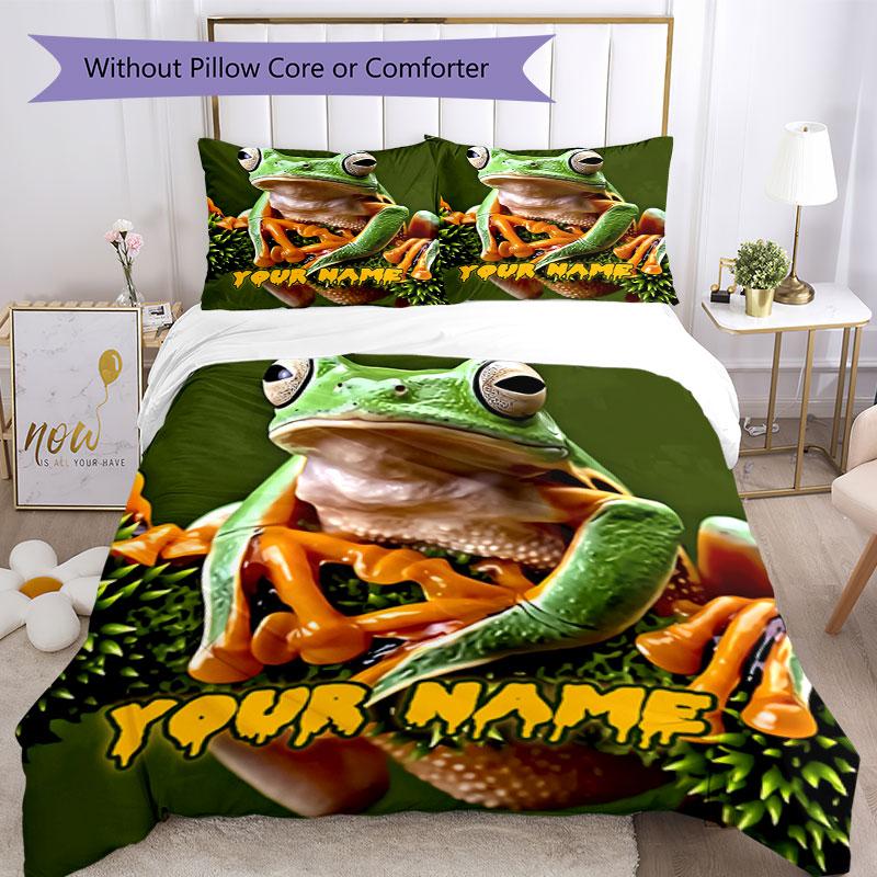 3PC Custom Name Frog Durian Name Bedding Set Duvet Cover Closure Includes 1 Duvet Cover & 2 Pillowcases for Bedroom