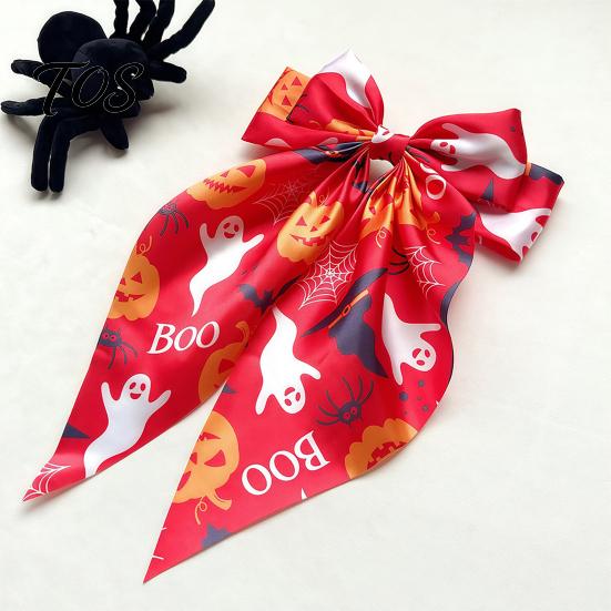 Halloween Hair Clip Silky Satin Bows for Women, Big Ribbon Bow Clips Girls, Hairstyle Accessory Oversized Long Tail Barrettes, Cute Ghost Bat