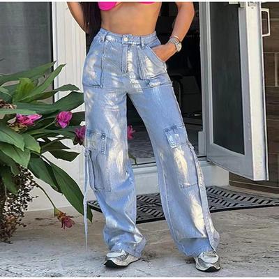 Mode Druck Heißer Silber Hohe Taille Denim Lange Hosen für Frauen Trendy Taschen Gerade Jeans Weibliche 2025 Frühling Herbst Weibliche Party jean