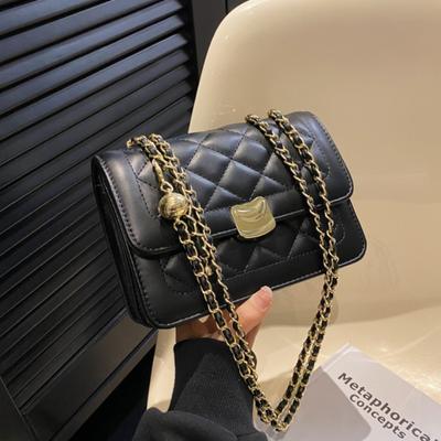 New Solid Color Girl Shoulder Bag Versatile Checkered Girl Crossbody Bag Fashion Chain Women's Bag Metal Decoration PU Material