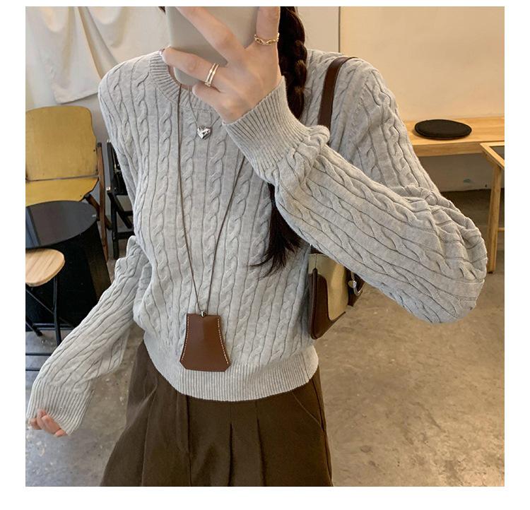 2025 Autumn/Winter Women's Slim Fit Twist Knit Grey Cotton Sweater Top