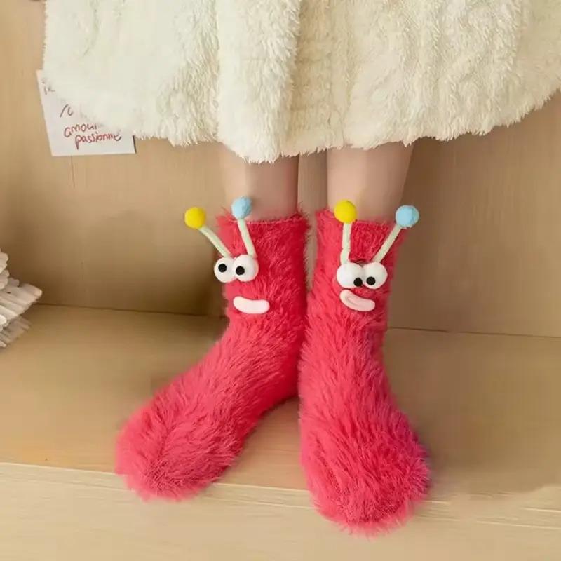 Funny Monster Socks Coral Fleece Non Slip Floor Socks for Couple Winter Home Sleep Christmas Gifts