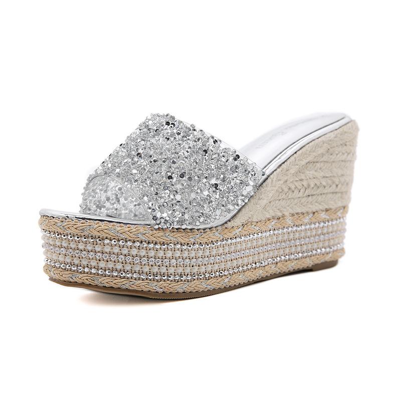 2026 Summer Crystal Sandals with Thick Bottom Fashion Slippers and High Heels for Women