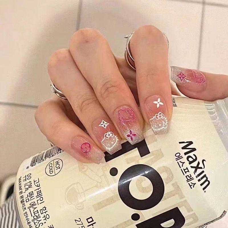 

Handmade Wear Armor Cute Flash French Magic Mirror Kitty Cat White Nail Stickers Cat Eye Short Fancy Blush Kitty short ladder XS In Stock