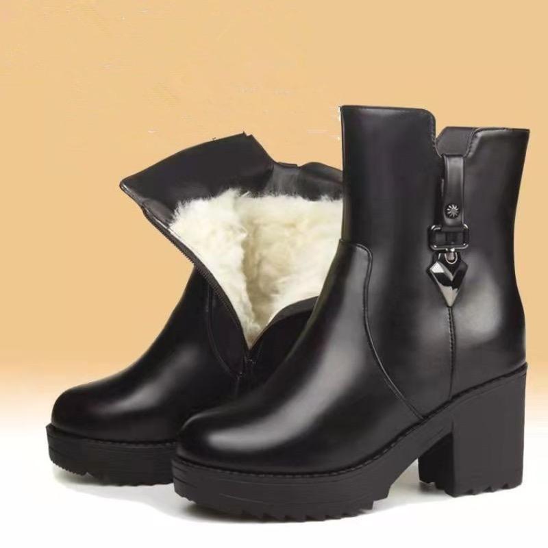 2025New Winter Women's Boots Luxury Casual Leather Boot High Heel Ankle Boots for Women Plush Warm Snow Boot Botas Mujer