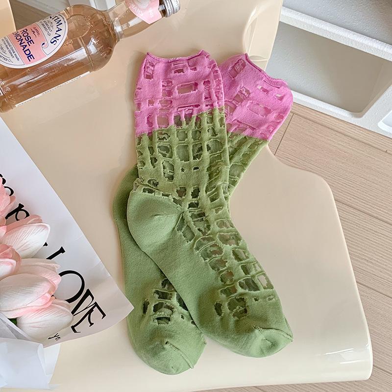 Contrast Splicing Torn Holes Beggar'S Hollow Mesh Socks Summer Breathable Glass Silk Tube Socks Thin Piles Of Socks