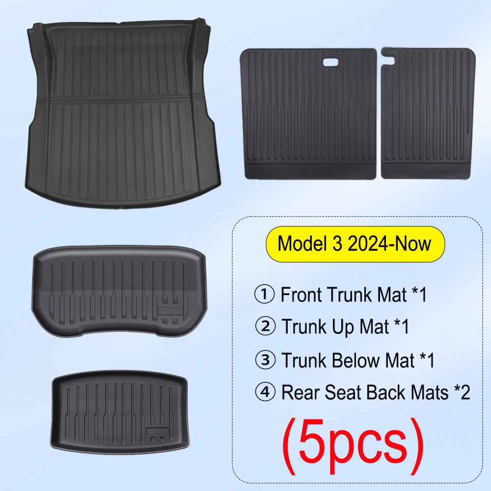 All Weather Cargo Liners for Tesla Model 3 2026 2025 2024 Travel Accesories Front Rear Trunk Mats 2nd Row Seatback Protector Pad