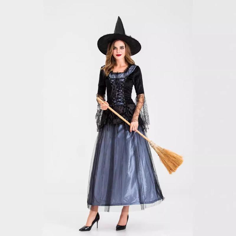 Costume da Strega Halloween per Donna Adulta Pizzo Rete Vestito da Strega Nero Abbigliamento Donna