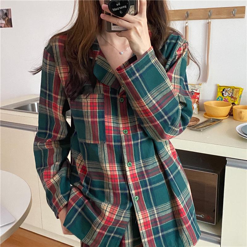Herbst Neu Koreanisch Weihnachten Karomuster Paar Pyjama Set - Locker Langarm Hauskleidung