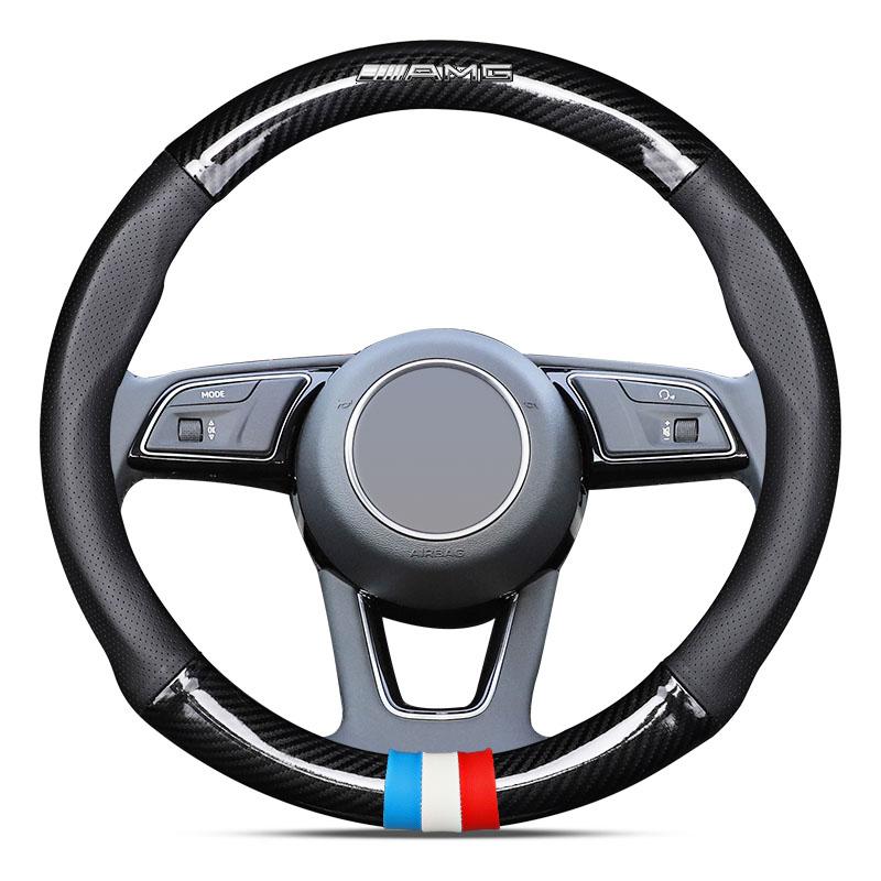 1Pcs Leather Carbon Fiber Car Steering Wheel Cover Emblem For Mercedes Benz AMG W212 W205 W246 W177 W176 W213 GLC GLE GLS ML Welcome Laser Projection