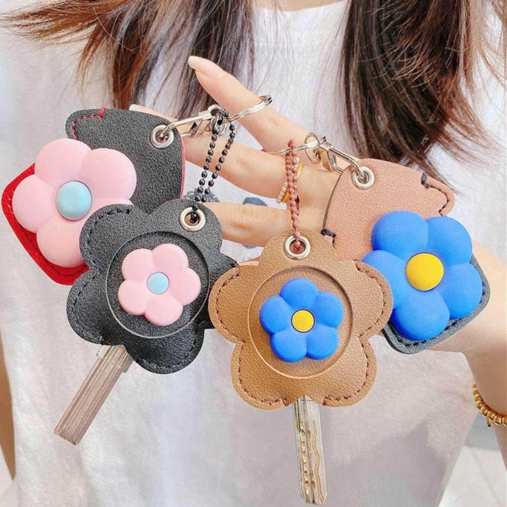 Cute Flower Keychain Creative PU Key Case Cartoon Flower Key Cover Cap  Hanging Accessory
