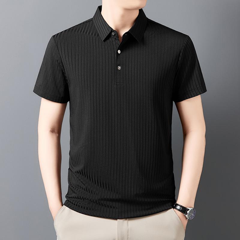 Men's Casual Fashion Striped Short Sleeved Collar Polo Shirt Breathable and Comfortable Summer Versatile T-shirt