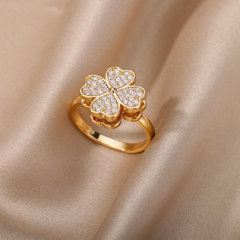 Zirkon Kristall Geometrische Ringe für Damen Edelstahl Goldfarbe Verstellbarer Fingerring Trendiger Hochzeitsschmuck Luxus