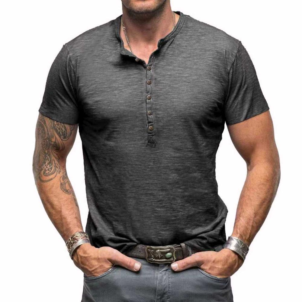 Summer Men’s Casual Tops: Classic Men’s Henley-style Short-sleeved T-shirt with A Stand-up Collar
