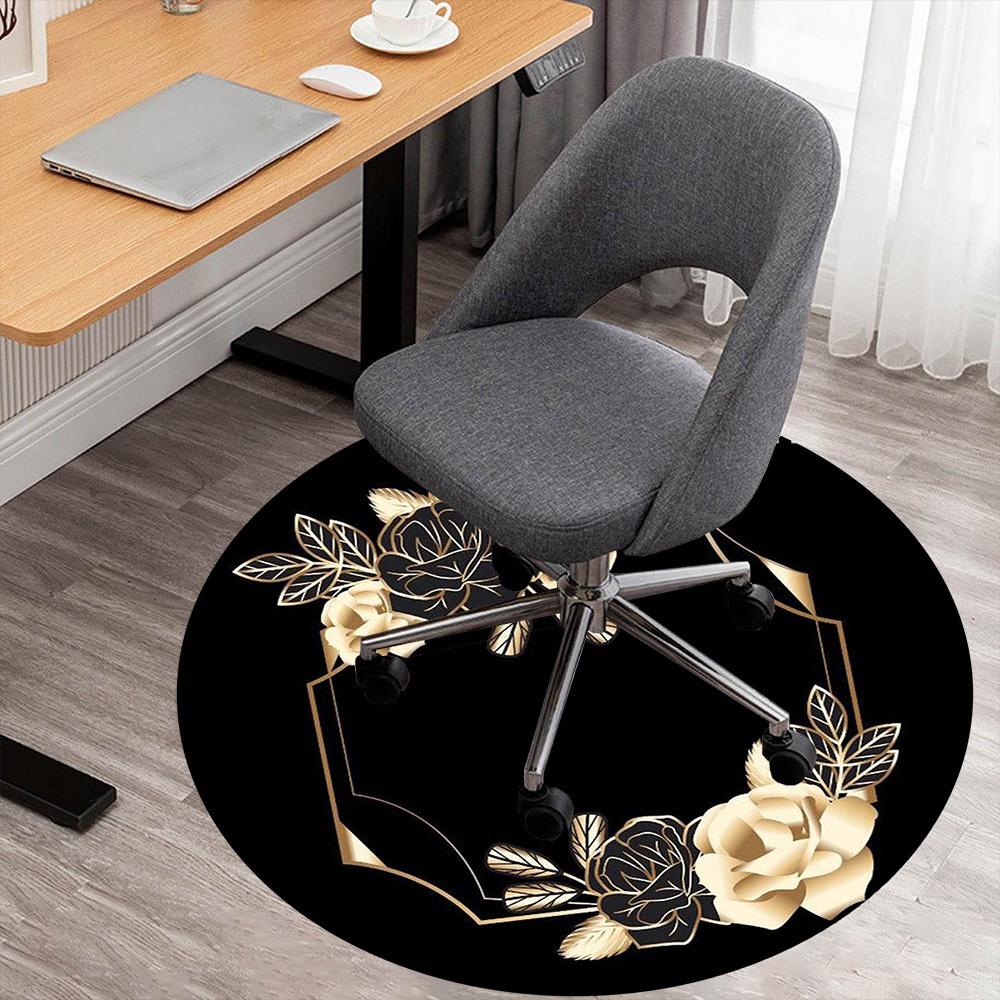 1PC Floral Frame Black and Gold Office Round Area Rug, Under Office Chairs Bedroom Living Room Home Decor,Carpet for Office, -1110282