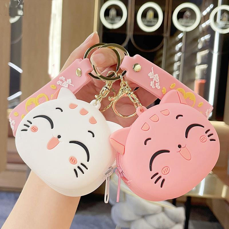 Cute Cartoon Cat Silicone Coin Purse with Keyring Kids Coin Bag Portable Data Cable Earphone Organizer Coin Key Pouch