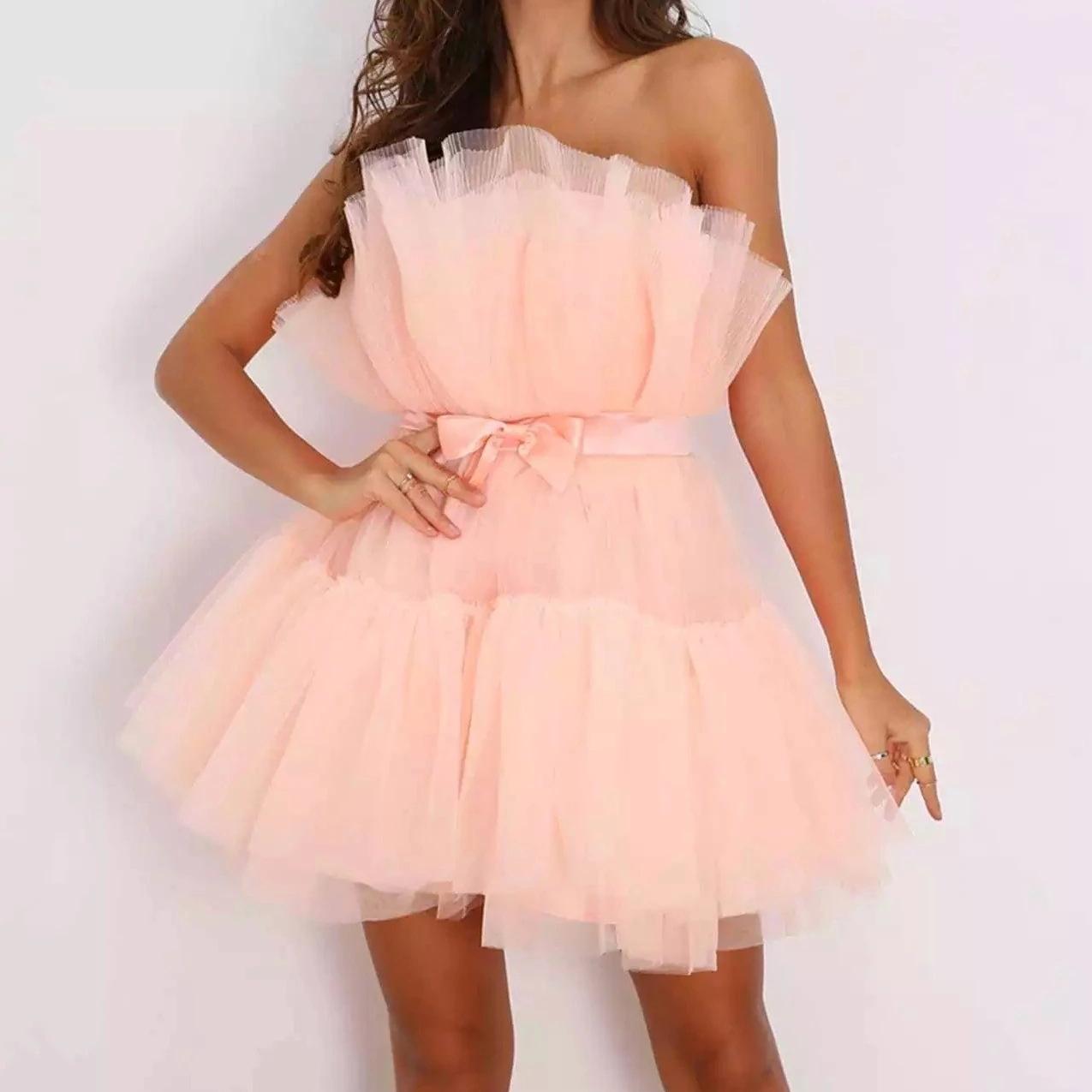 

Платье-помпадур с бантом и сетчатым верхом QICED для женщин M розовый