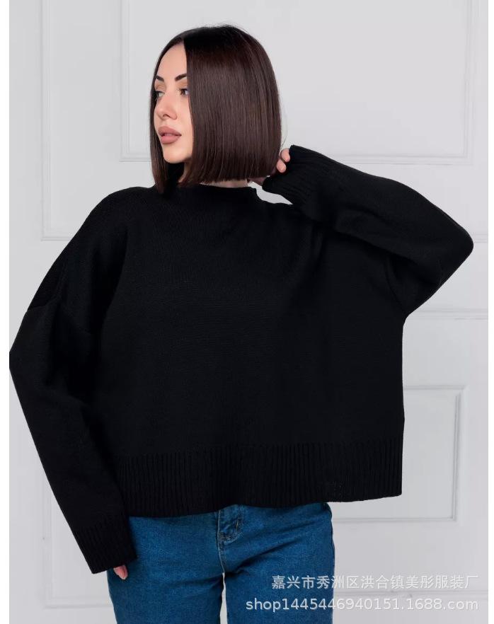 Crew neck sweater women's European, American autumn and winter new solid color versatile casual lazy pullover knitted sweater top