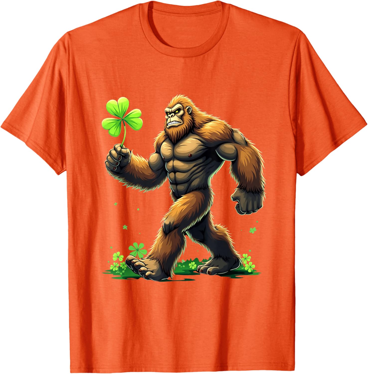 Bigfoot Sasquatch Holding Shamrock St Patrick s Day Graphic Tee Casual Daily T-Shirt 4XL