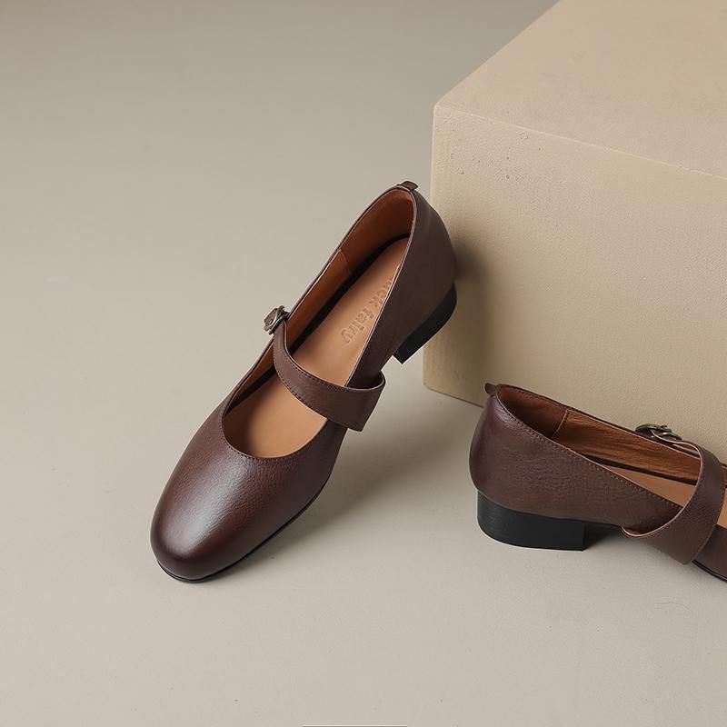 Hovězí kůže s kulatou špičkou tlusté střední podpatky podzimní boty Mary Janes pevné dámské lodičky