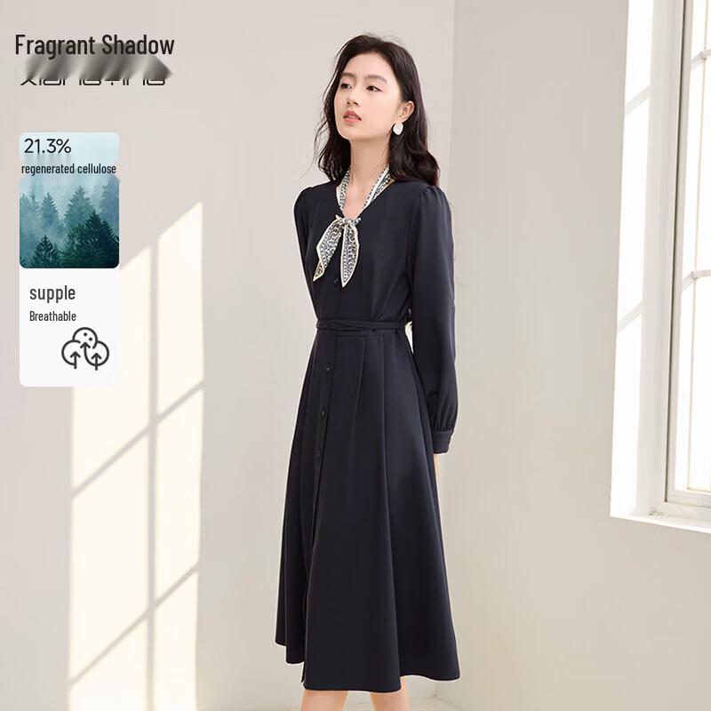 Xiangying V-Neck Navy A-Line Midi Dress